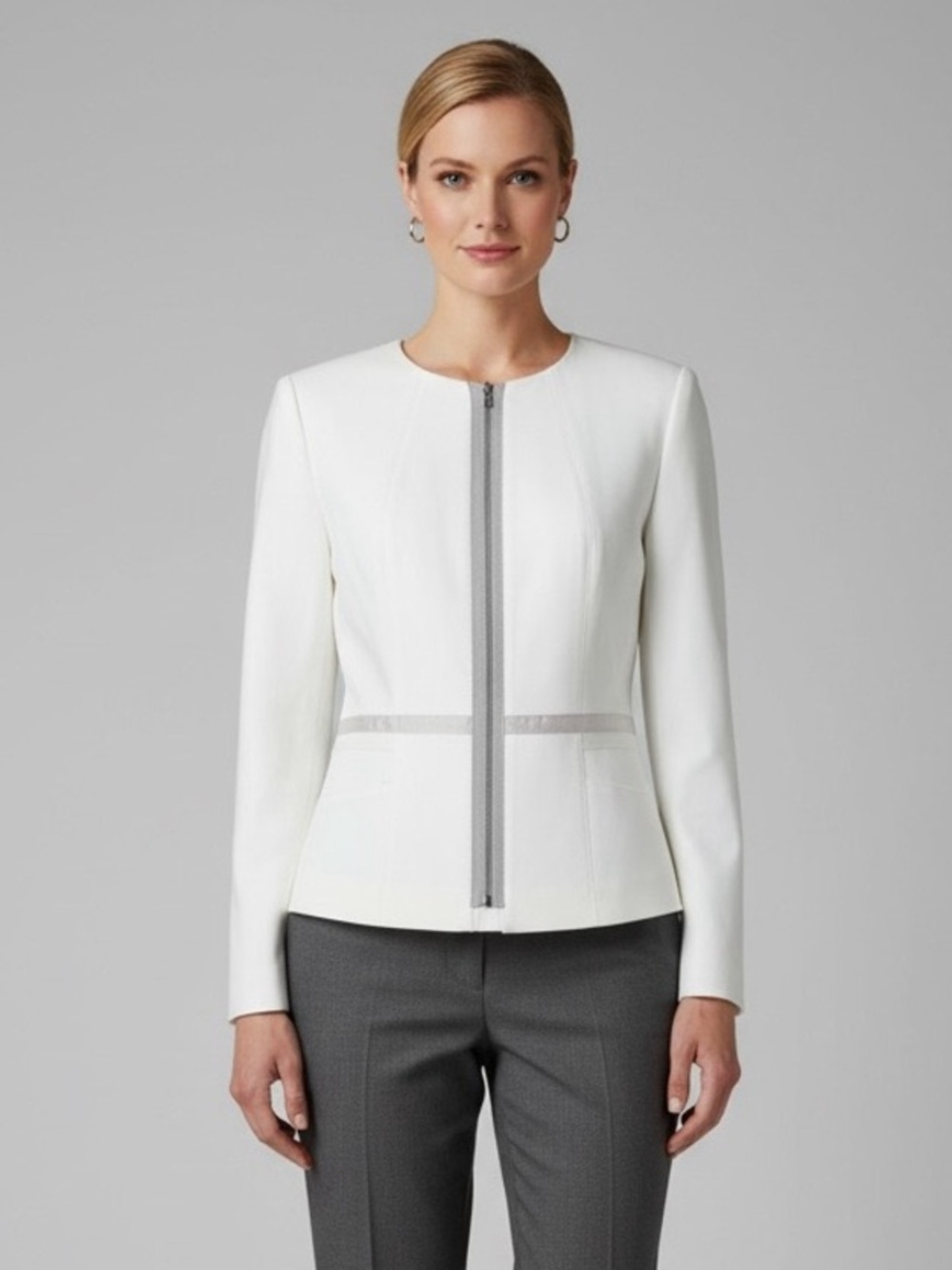 Calvin Klein Collarless Zip Front Peplum Blazer Jacket White Gray Size 6 New